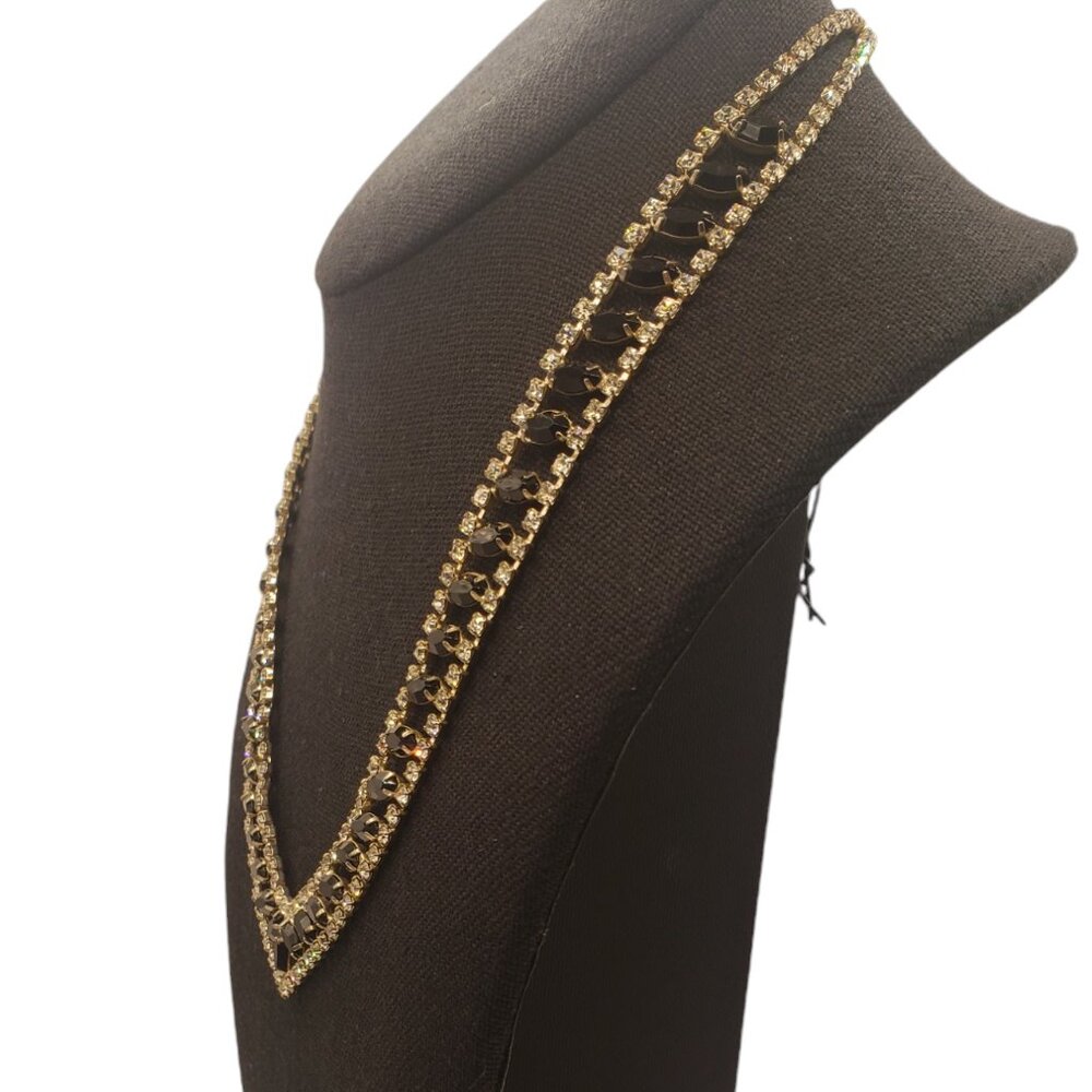 Vintage 1950's Clear Rhinestone & Black Onyx V Shaped Necklace - Picture 3 of 11